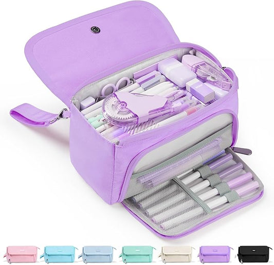Sooez Super Large Pencil Case, Big Capacity Pencil Bag with 3 Compartments, can hold 100 pencils, Cute Pencil Pouch with Zipper, Portable Stationery Pen Bag, School Supplies For Teen Girls, Purple