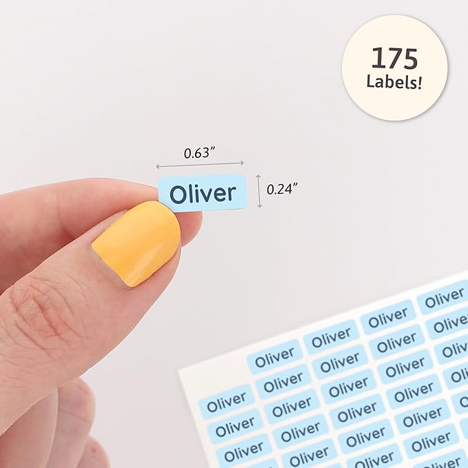 Mini Name Labels (175) - Custom Personalized Name Labels for Labeling Tiny Items, Washer and Dryer-Safe Waterproof Labels for Daycare, Preschool, and School - Light Blue