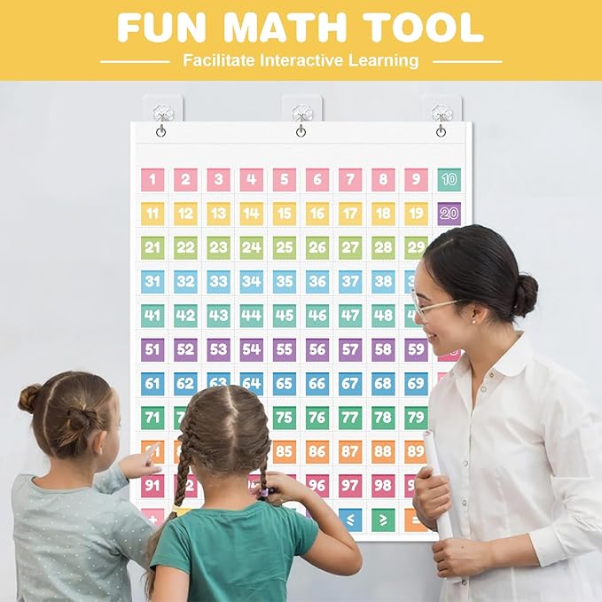 Hundred Pocket Chart, Hundreds Chart with 139 Number Cards Counting Pocket Chart Number Chart 1-100 for Kids for Wall Classroom Counting Organizer for Teacher Kids Classroom Home(White)