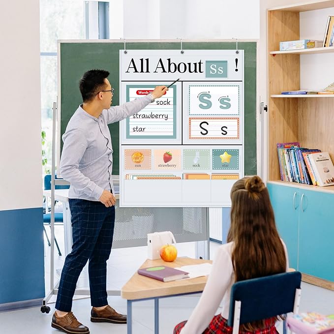 All About Letters Pocket Chart with 99 ABC Flash Cards, Letter of The Day/Week Daypocket Chart, Letter Tracing Learning Educational Wall Chart Preschool Classroom Homes, 34" X 27"White