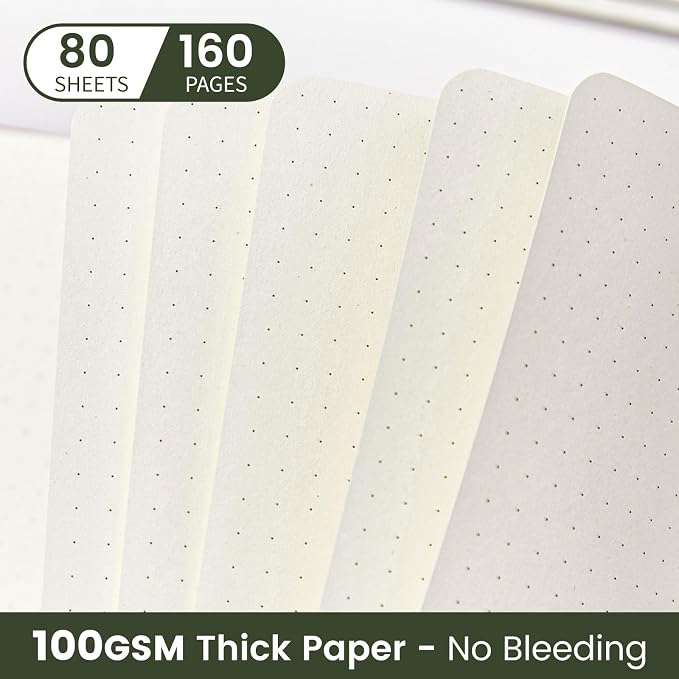 Dotted Journal Notebook Soft Cover PU Leather Journaling Notebooks for Women Men Writing Work Office School 160 Pages 100 GSM Thick Paper A5 Dotted 80 Sheets 5.79"x8.27", Dark Green