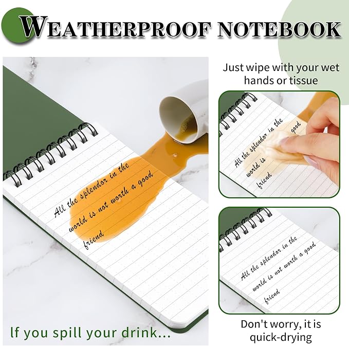 COIDEA Waterproof Notebook, 4 Pack Top-Spiral Pocket Notepad, 3" x 5" Weatherproof NotePad, Police Pocket Notebook Memo Steno Note Pads for Outdoor Office School Recording, Army Green