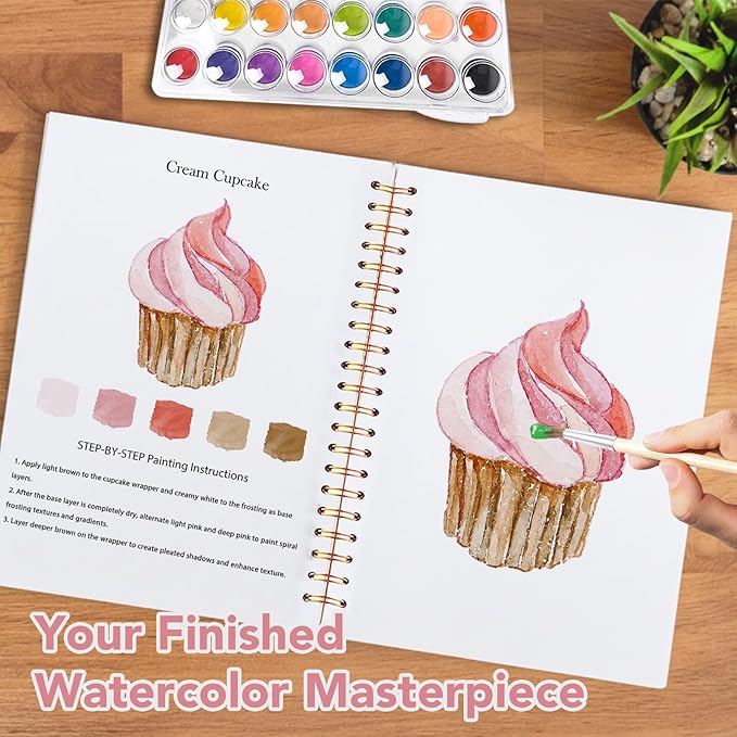 Easy Watercolor Workbook for Beginners - 12 Beautiful Step-by-Step Paintings Water Coloring Book, Includes 16 Colors Paints, Relaxing Art Projects and Creative Gift for Adults & Teen (Candy)