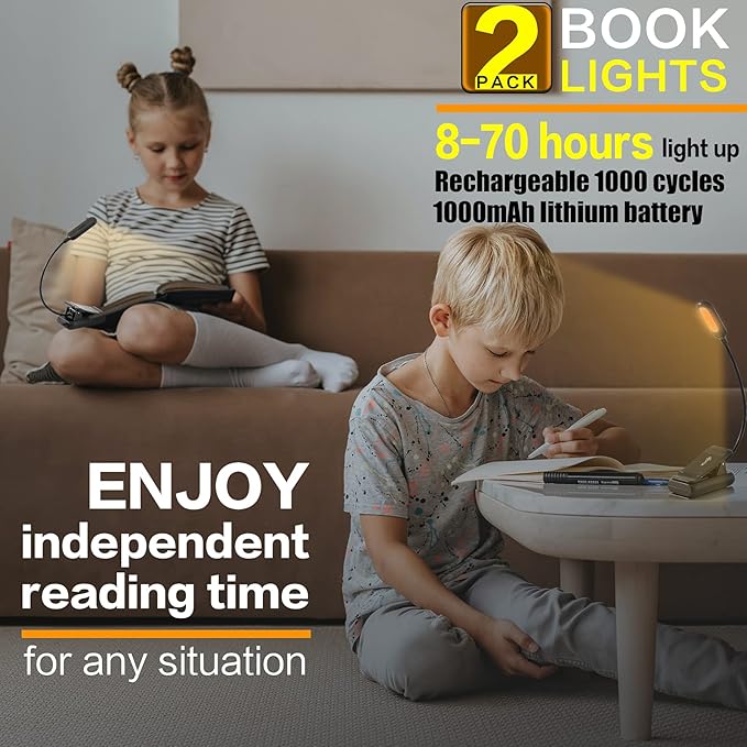VAVOFO Amber Rechargeable Book Lights, Blue Light Blocking Reading Lights, 7 LEDs Eye Care 9 Colors 9 Brightness Clip On for Bookworms with Power Indicator Lasting 70h (2-Pack, Black)