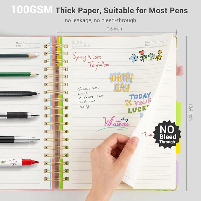 Hardcover Spiral Journal Notebook, 300 Pages 5 Subject Notebook College Ruled with Removable Dividers Tabs, 8" x 10" Notebooks for Work, Spiral Ruled Lined Writing Journal Hardcover Leather Notebook for School (Black, 8''x 10'')
