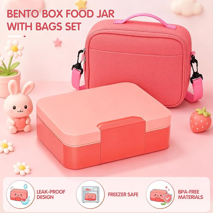 HOMETALL Lunch Box Bento Box for Kids with Food Thermo 8.5oz - Leakproof Lunch Box Kids with Lunch Bag Set for Girls Ages 3 to 14 Back to School,Reusable Snack Containers On-the-Go Meal Prep,Pink