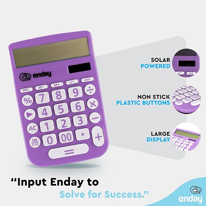 Enday Purple 12-Digit Solar Calculator - Large Display, Four Function, Perfect for Office & School