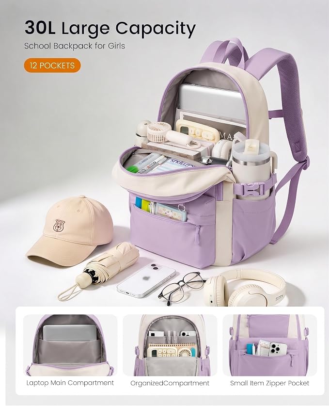 LOVEVOOK School Backpack for Teen Girls & Women, 35L Large Laptop Backpack with 40oz Water Bottle Pocket, Waterproof Cute College Bookbag, Student Backpack for Middle High School Travel Work Purple