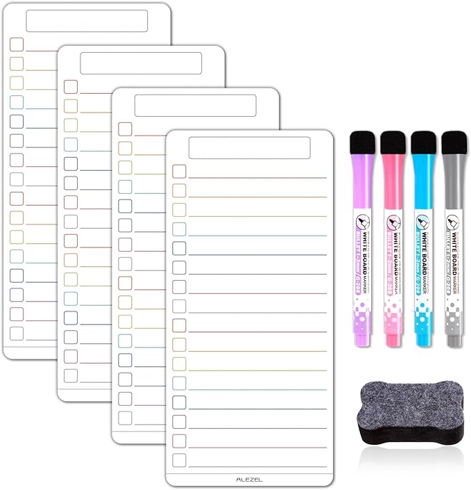 ALEZEL Magnetic Dry Erase List Board for Refrigerator, Reusable to Do List Board Set for Fridge- Includes 4 Dry Erase Shopping List Boards, 4 Markers + Eraser