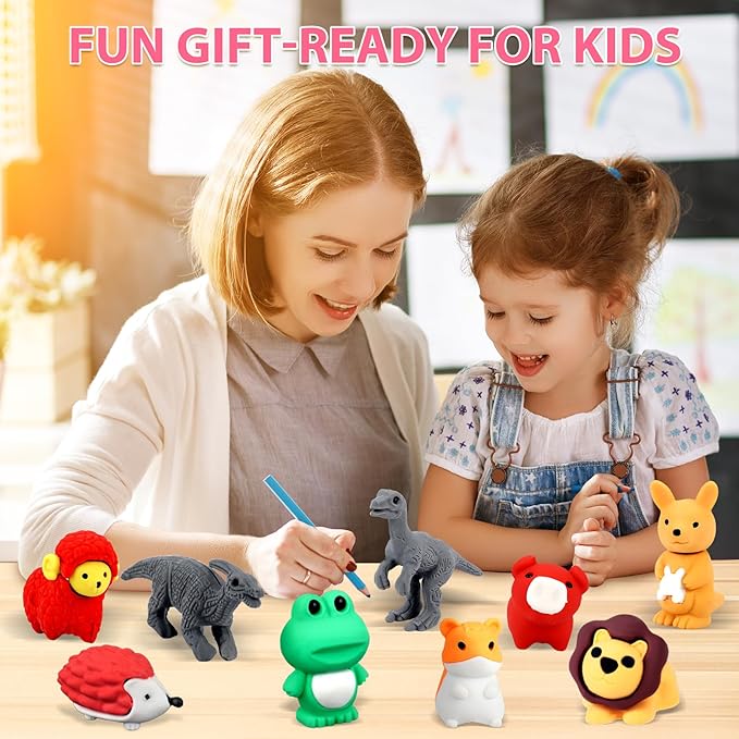 URSKYTOUS 64Pcs Animal Erasers Bulk Cute Desk Pets Kids Puzzle Erasers Take Apart Cool 3D Eraser Mini Pencil Eraser Fun Party Favors for School Supplies Classroom Rewards Easter Egg Fillers Gifts