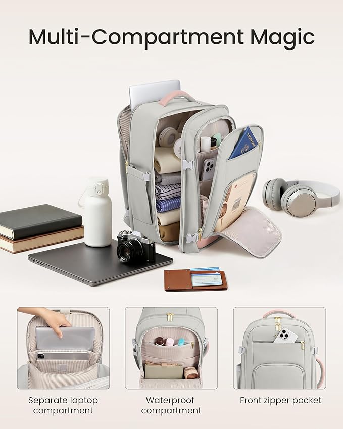 LOVEVOOK Travel Backpack for Women, 50L Carry On Backpack Flight Approved with Garment Bag, Personal Item Travel Bag Fit 17 Inch Laptop, Business Weekender Overnight Daypack With 2 Cubes, Pink-Grey