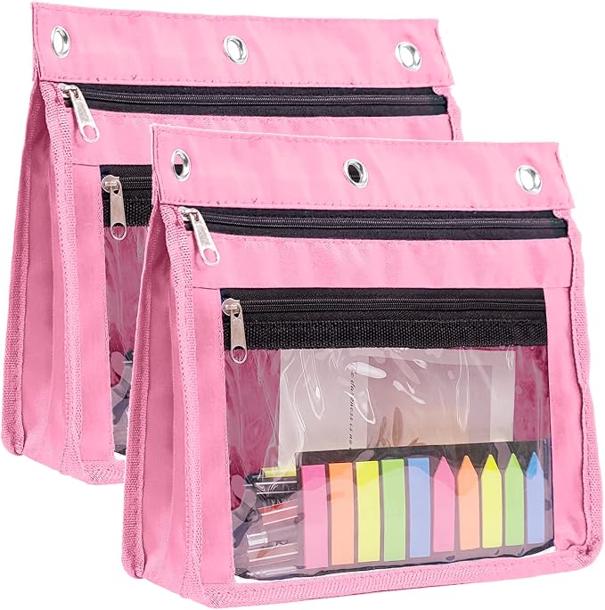 YoeeJob 2 Pack Expandable Pencil Pouches for 3 Ring Binders, Pink | 1-inch expansion, 2 clear PVC pockets, 3 holes, large-capacity storage for school and office supplies.
