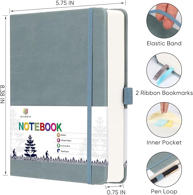 Bullet Dotted Journal Notebook - A5 Dot Grid Notebook with 280 Pages,100gsm Thick Paper,Leather Hardcover Journal for Women Men,5.75'' × 8.38''-Gray Blue