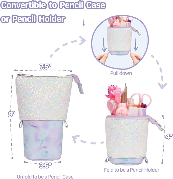 Standing Pencil Case Girls - Telescopic Pouch for Kids, Cute Kawaii Pencil Case for Girls, Big Capacity Stand Up Pencil Pouch for Kids, Tie-dye Purple