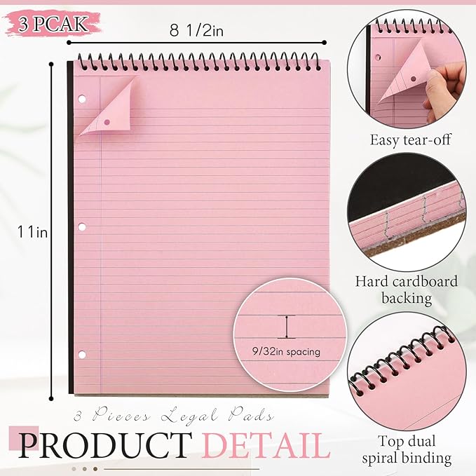 MotiMind 3 Pack 8.5" x 11" Top Spiral Notebook with 3 Hole Punched Pink Legal Pads College Ruled Notepad 50 Sheets Hard Cardboard Paper Wirebound Notepad for Office School Business
