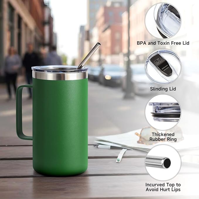 Volhoply 22oz Insulated Stainless Steel Coffee Mug with Leakproof Lid,Double Wall Vacuum Travel Coffee Cup with Handle,Reusable Metal Tumbler,Camping Mugs Keep Hot&Cold(Army Green,1)