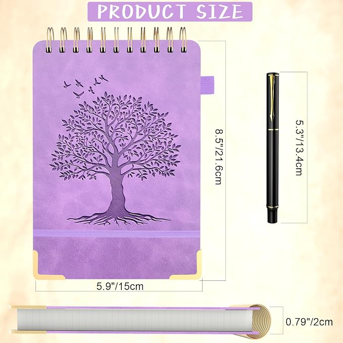 Mousbull A5 Top Spiral Notebook, Tree Pattern Large Leather Hardcover Left Handed Journal, 240 Pages 100 Gsm Lined Paper Top Bound Steno Pads for Work, School, Travel Writing - Purple, 5.9" x 8.5"