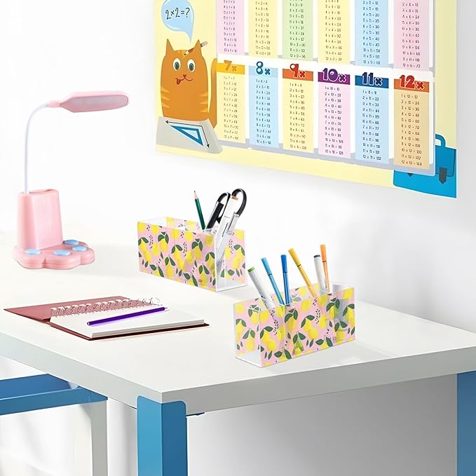 Aslsiy Lemon Fruit (2) Pen Holder for Women 4 Compartments Acrylic Pencil Holder Clear Makeup Brush Holder Desk Organizer Office Supplies