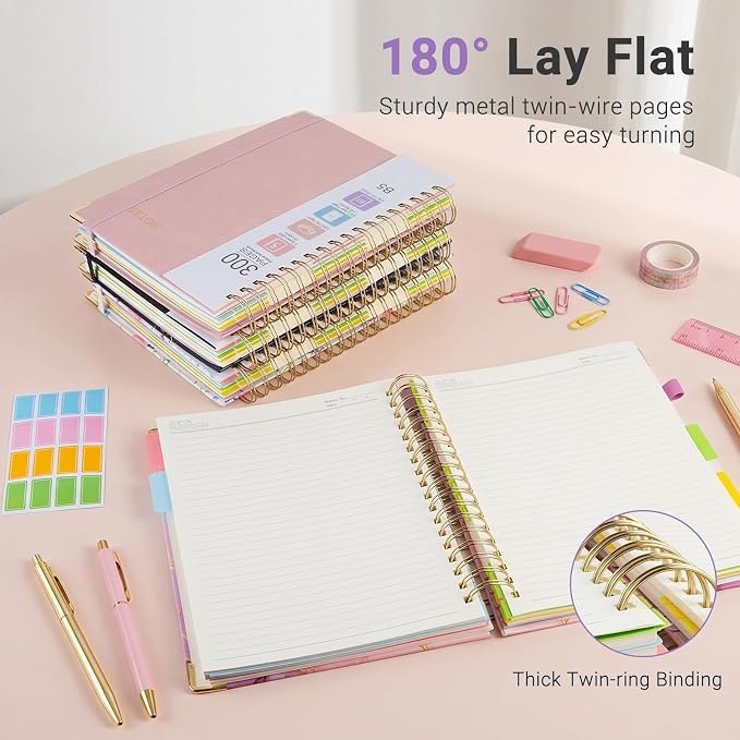 Hardcover Spiral Journal Notebook, 300 Pages 5 Subject Notebook College Ruled with Removable Dividers Tabs, 8" x 10" Notebooks for Work, Spiral Ruled Lined Writing Journal Hardcover Leather Notebook for School (Colorful Floral, 8''x 10'')