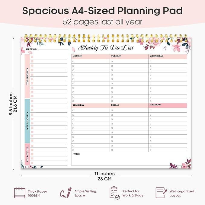 Taja Weekly To Do List Notepad with 52 Undated Sheets（8.5"×11"）- Weekly Desk Planner for Women & Man, Work and Home - 1 Pack Whispering Petal