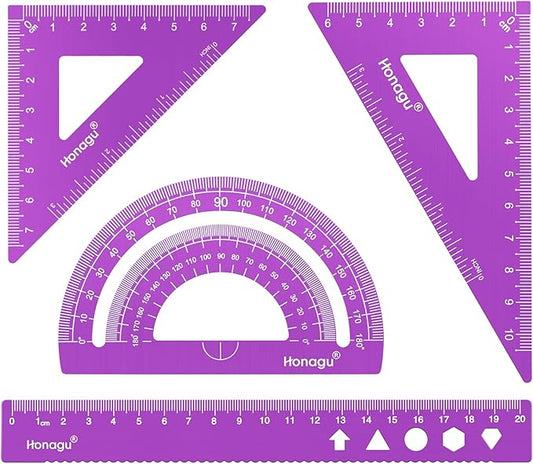 Honagu Aluminum Alloy Triangular Ruler Set, 4 Pieces, 20cm/7.87inches, Purple