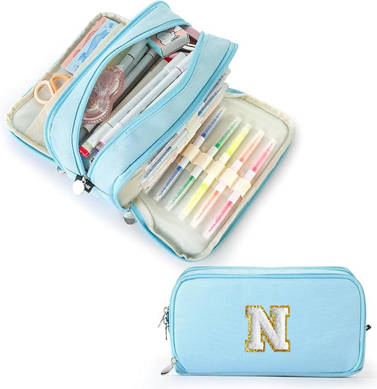 Extra Large Capacity Pencil Case 3 Compartment Initial Pencil Pouch Personalized Cute Aesthetic Stationery Pen Case Bag for School Teen Girl Boy Men Women Gift (N, Blue)