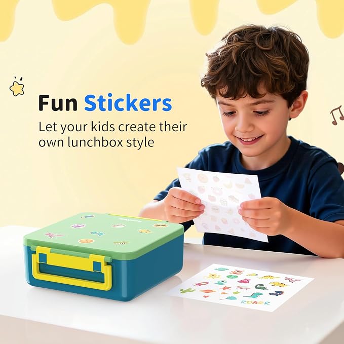 Bento Box for Kids, Lunch Box with Sticker for School | DIY Sticker Fun, Quick Lunch Packing, 4-Compartment Design, Insulated Food Jar, BPA-Free, Leak-Proof