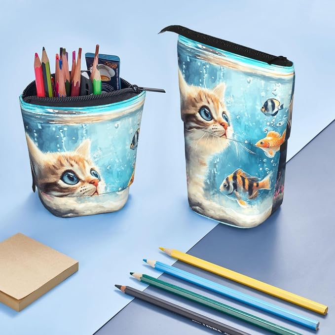 Cat and Fish Kids Standing Pencil Case Girls Boys Telescopic Stationary Pouch with Zipper Large Capacity Stand up Pen Bag Portable Makeup Holder for Children School Students Office Supplies