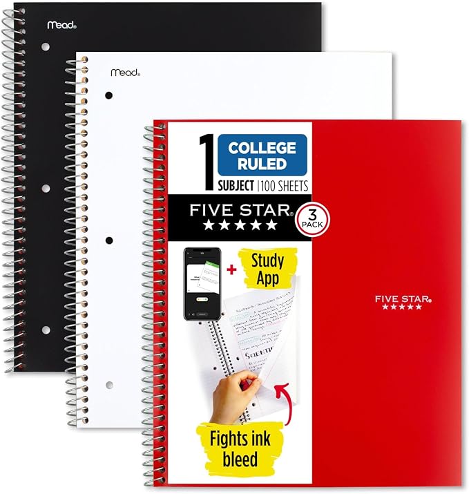 Five Star Spiral Notebooks + Study App, 3 Pack, 1 Subject, College Ruled Paper, Pockets, 100 Sheets, Home School Supplies for College Student or K-12, 11” x 8-1/2", Black, White & Red (73055)