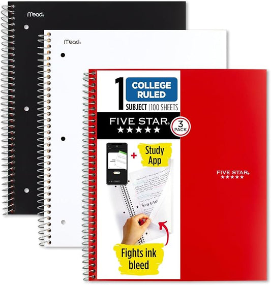 Five Star Spiral Notebooks + Study App, 3 Pack, 1 Subject, College Ruled Paper, Pockets, 100 Sheets, Home School Supplies for College Student or K-12, 11” x 8-1/2", Black, White & Red (73055)
