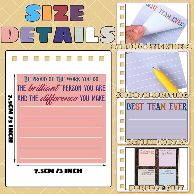 Yinder 24 Pcs Inspirational Sticky Notes Cute Motivational Sticky Notes Pad End of Year Employee Appreciation Gifts Bulk for Teacher Nurse Coworkers Office Supplies 3 x 3'' (Team,Elegant)