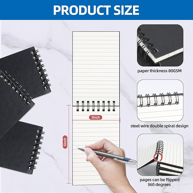 wavamawa 8 Pack Pocket Notebooks, 3x5 Inch Small Lined Spiral Notebooks, Mini College Ruled Memo Pads, Pocket Size Notepads for Students, Teachers, Nurses, Writers, Home, Office, School, Travel, Work, Journaling, Note Taking, Black