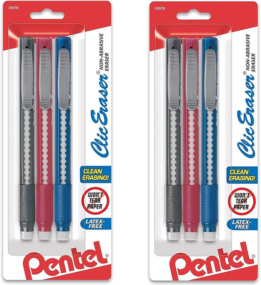 Pentel Clic Retractable Eraser with Grip, 3 Count - Pack of 6