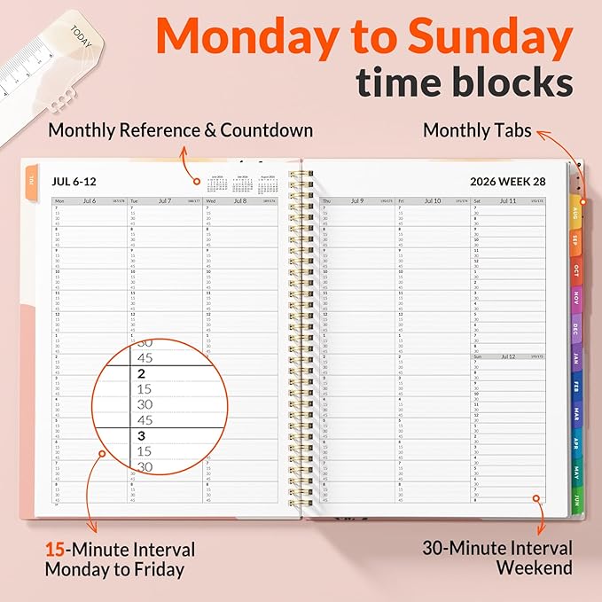 SUNEE 2026-2027 Appointment Book, Quarter-Hourly, Weekly & Monthly - from July 2026 to June 2027, 8.5"x11" Academic Planner, Flexible Cover, Note Pages, Bookmark, Spiral Binding, Abstract
