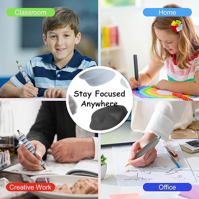 Pencil Grips, 4-Pack Textured Silicone Sleeves for Mechanical Pencils, Sensory Fidget ADHD Tool for Kids and Adults, Quiet Fidget Tools for Classroom Focus, Anxiety Relief（Black&Grey Set）