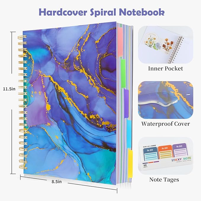 5 Subject Notebook for Work with Removable Dividers Tabs, Large 8.5" x 11 Spiral Lined Notebooks for School Note Taking & Organizer, A4 240 Pages College Ruled Journal for Women & Writing, Purple