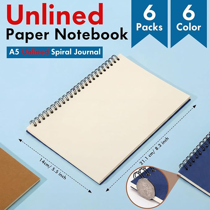 Epakh 6 Pack Spiral Notebook Bulk, Back to School Hardcover Spiral Journal Notebook 5.5 x 8.3 Inch, First Day of School Travel Writing Journal Notepad, 50 Sheets 100 Pages(Unlined,Assorted Colors)