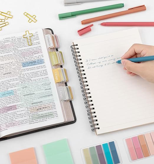 Bible Journaling Kit, Colored Bible Study Supplies, 12 Pastel No Bleed Highlighters and 5 Colored Pens, Transparent Sticky Notes and Bible Tabs Set and More, Book Annotation Kit for Women & Men