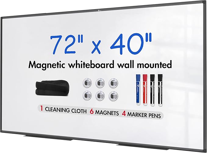 TOWON Magnetic Dry Erase Board, 72 x 40 in White Board Dry Erase, Aluminum Framed Whiteboard for Wall, Large Dry Erase Board Wall Mounted with Markers, Pen Tray, Magnets, Cleaning Wipe, Black Border
