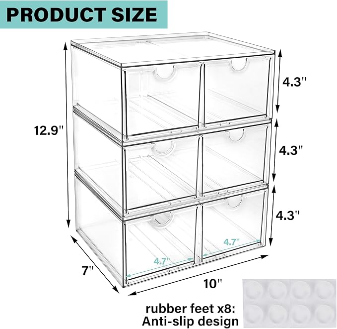 Prsildan Stackable Clear Makeup Organizer, 3 Pack Acrylic Storage Drawers with 6 Drawers for Vanity Bathroom Office Desk Modular Drawer System for Cosmetics Jewelry Toiletries Home Organization