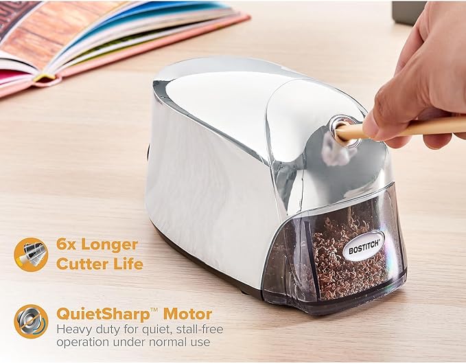 Bostitch Office QuietSharp Executive Heavy Duty Electric Pencil Sharpener, Colored-Pencil Compatible, Silver Chrome