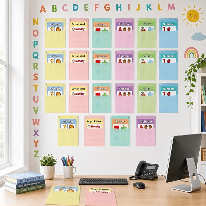 24Pcs Plastic Oversized Wall Pockets 12.6 X 9.4 Inch Hanging Wall File Organizer Hanging File Folders Holder Mail Organizer for Back to School Classroom Home Office Teaching Supplies (Pastel Color)