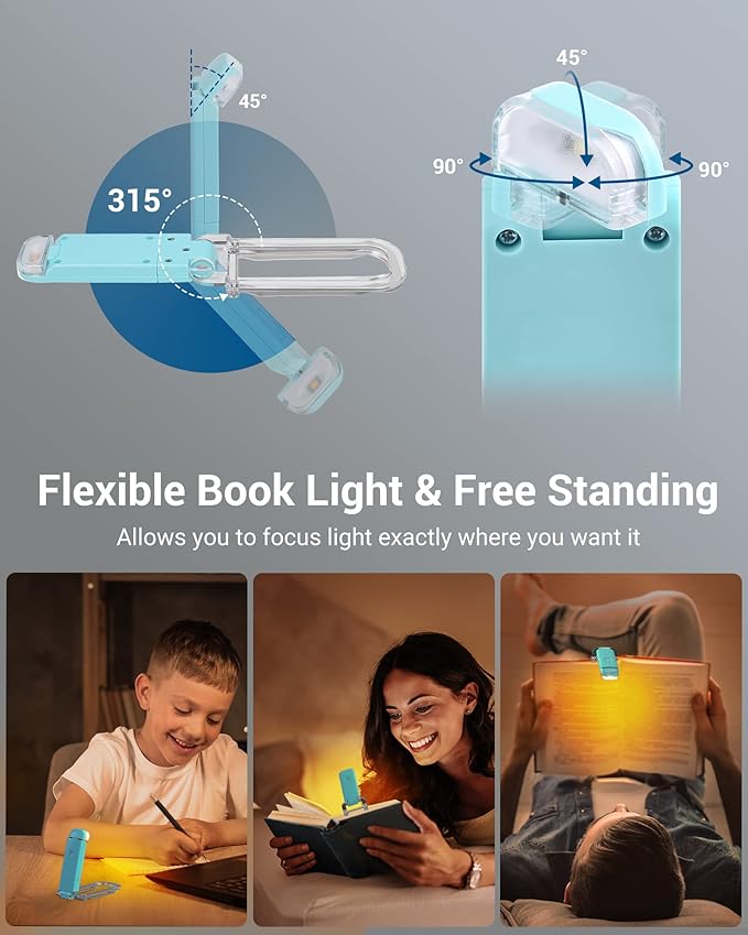 DEWENWILS USB Rechargeable Book Light, Amber Glow, Blue Light Blocking, Brightness Adjustable for Eye-Care, LED Clip on Book Reading Lights, Portable Bookmark Light for Kids (Blue)