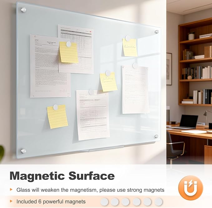 Glass Magnetic Dry Erase Board, 36" x 24" Tempered Glass Whiteboard Wall Mounted White Board for Home, Office, School, 1 Acrylic Pen Tray