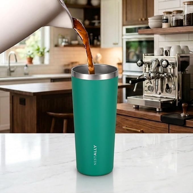 NESTALLY Coast 20oz Stainless Steel Tumbler, Extra Capacity Holds Up to 22oz, Double Wall Vacuum Insulated Travel Coffee Mug with Lid & Metal Straw, Leakproof Reusable Cup for Travel (Teal Green)