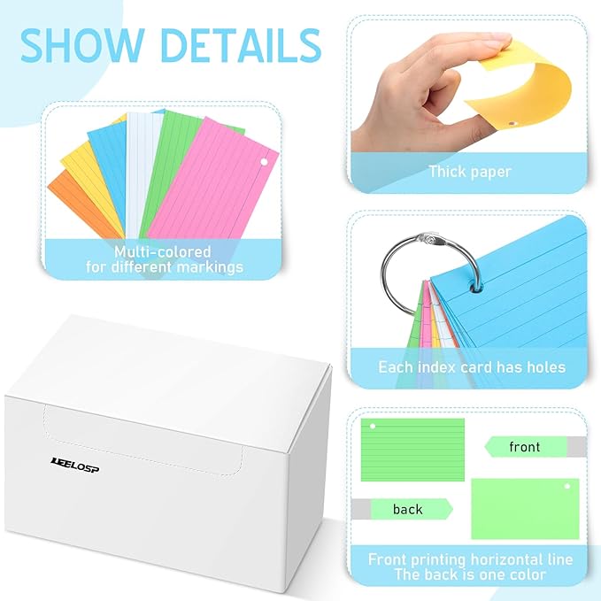 Leelosp 300 Pcs Colored Ruled Index Cards with 6 Rings 180 Gsm Thick Neon Color Study Flash Cards Single Hole Punched Lined Flashcards Studying Notecards One Side for Study(3 x 5 in,Fresh Color)