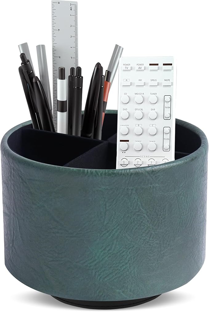 Round Leather Art Supply Organizer,Remote Control Holder,360 Degree Spinning,Multi-Functional Pencil Holder,4 Compartments Desktop Stationary Organizer(1-Crazy Green)