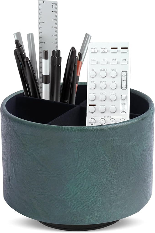 Round Leather Art Supply Organizer,Remote Control Holder,360 Degree Spinning,Multi-Functional Pencil Holder,4 Compartments Desktop Stationary Organizer(1-Crazy Green)