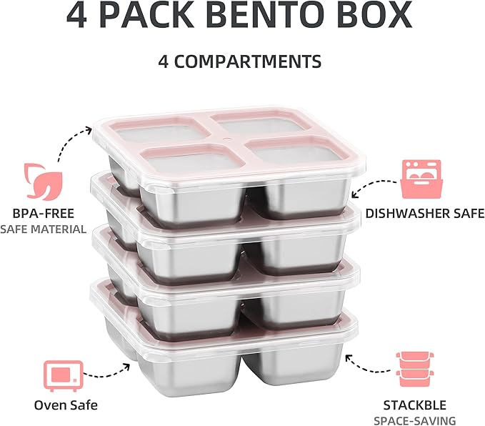 BEFOY 4 Pack Stainless Steel Snack Containers with Lids 4 Compartment Food Storage Containers for Adults & Kids Meal Prep Containers Reusablele (pink, 4)