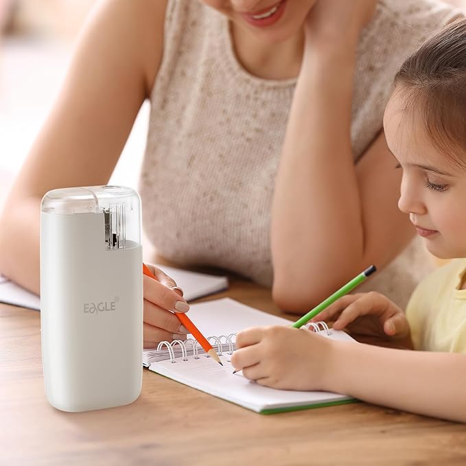 Eagle Pencil Sharpener, Portable Pocket-Sized with Creative Patented Design, Electric Sharpener for Multiple Types of Pencils, Battery-Operated, Manual/Electric Compatible(White)